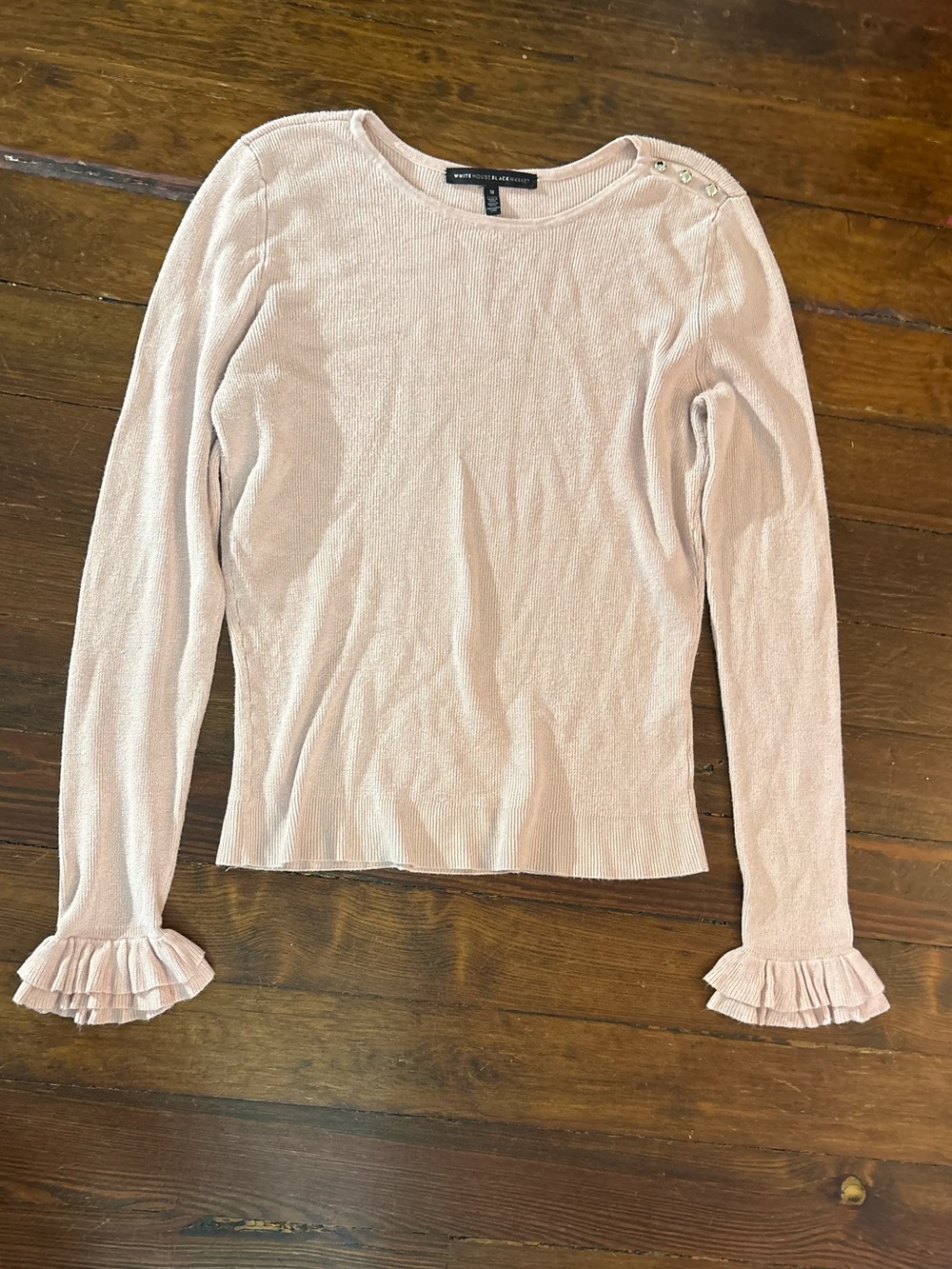 White House black market pale pink cream long knit ruffle sweater top size M